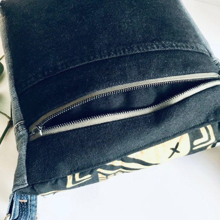 Upcycled bold denim messenger bag in graphic black