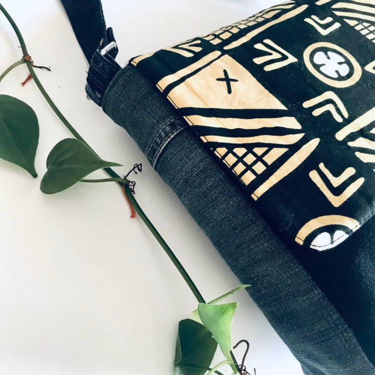 Upcycled bold denim messenger bag in graphic black