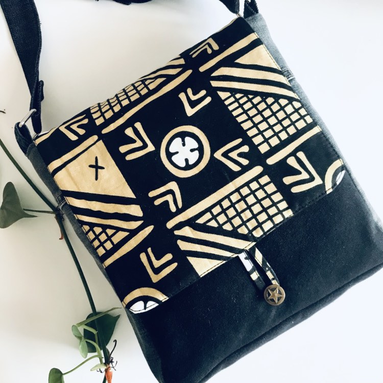 Upcycled bold denim messenger bag in graphic black