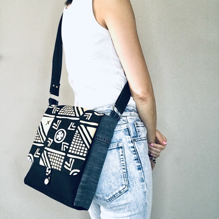 Upcycled bold denim messenger bag in graphic black