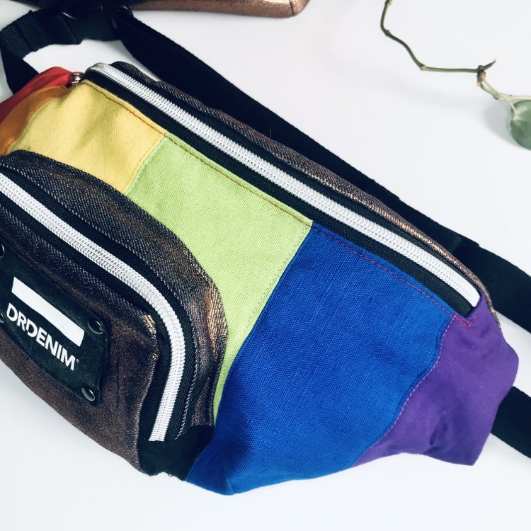 Rainbow bum bag in multicoloured cotton and black denim