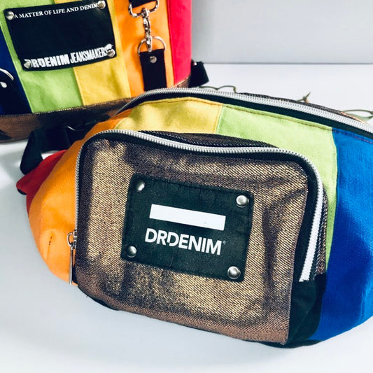 Rainbow bum bag in multicoloured cotton and black denim