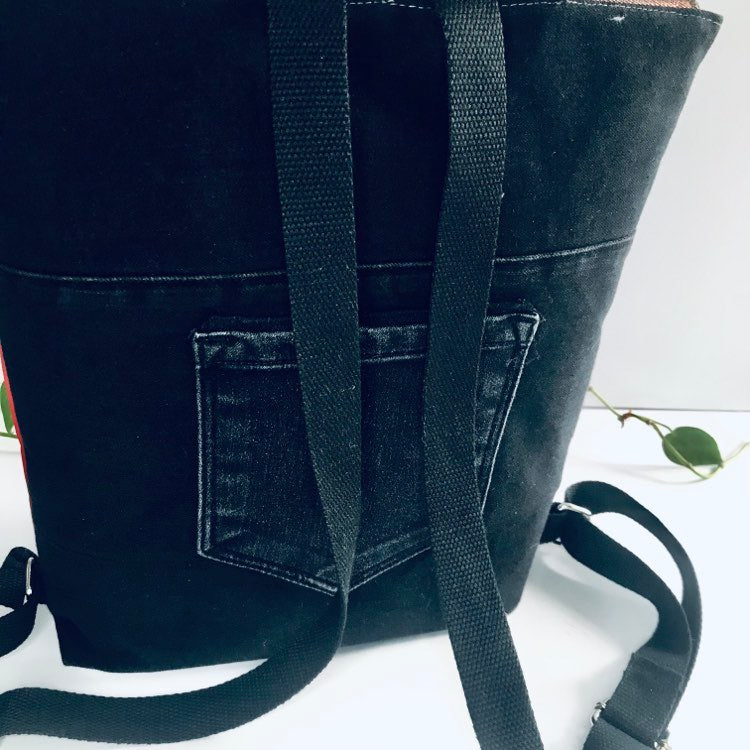 Rainbow backpack with black and bronze denim