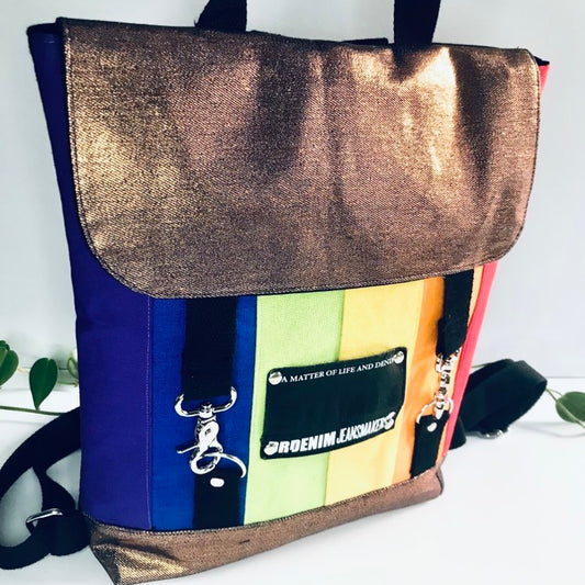 Rainbow backpack with black and bronze denim