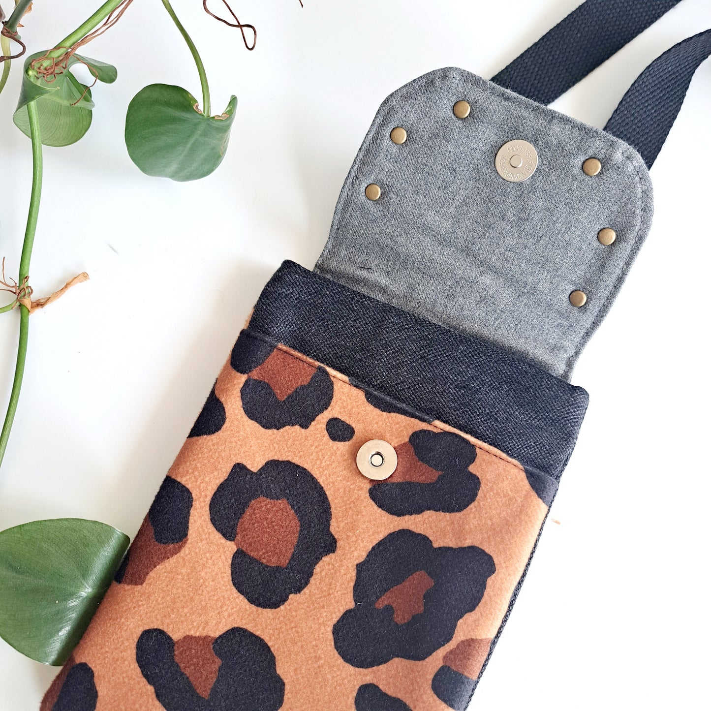 Upcycled denim remnant phone bag - Leopard print and black denim