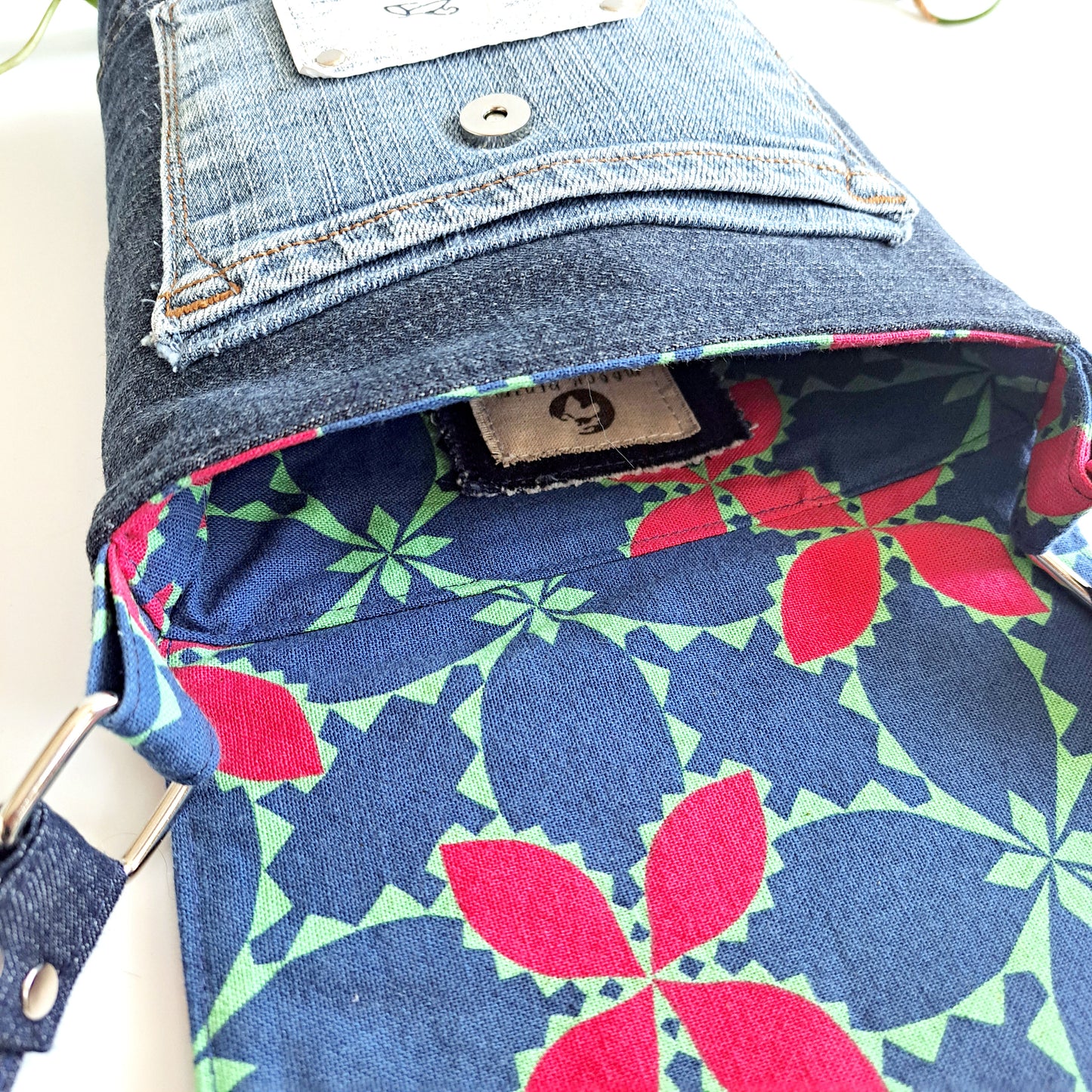 Small Sunshine Satchel with upcycled denim - Tropical