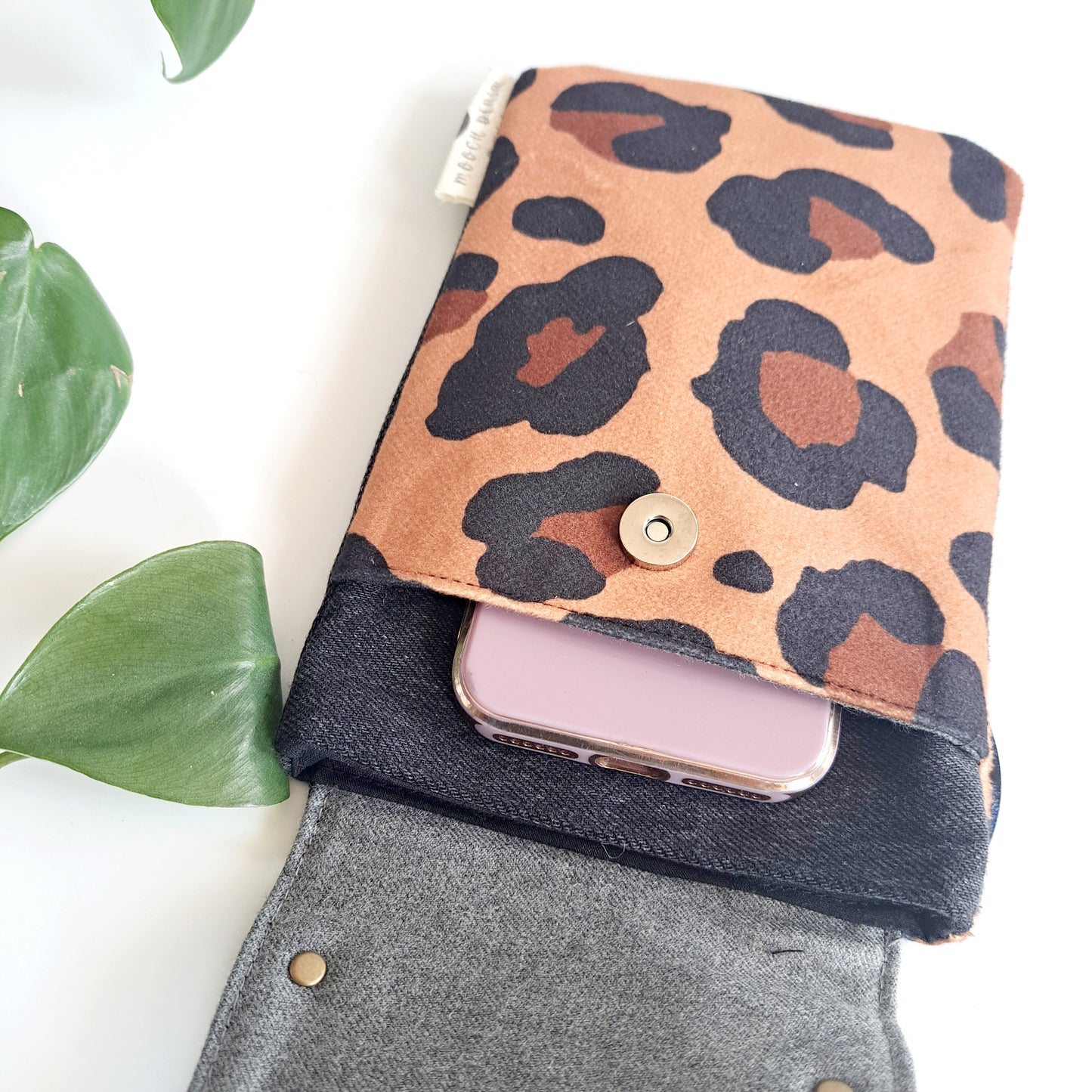 Upcycled denim remnant phone bag - Leopard print and black denim