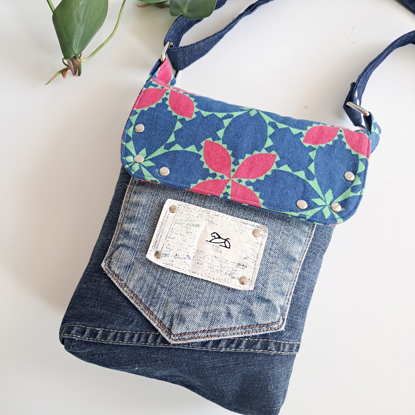 Small Sunshine Satchel with upcycled denim - Tropical