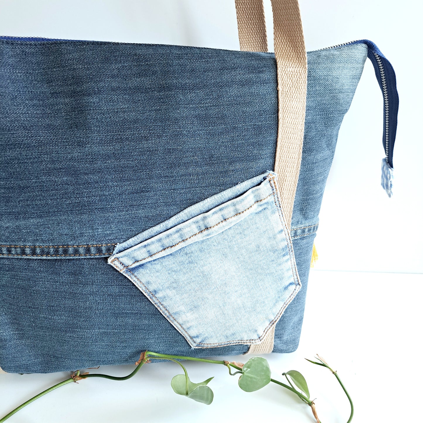 Tuscan tote bag with upcycled denim