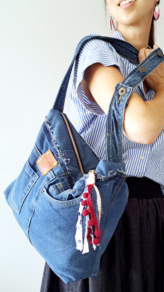 Conscious Carry-all with blue denim and upcycled tassle