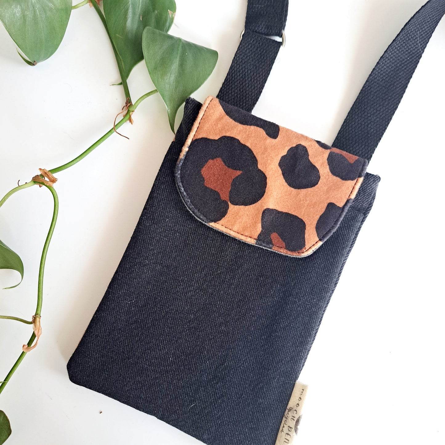 Upcycled denim remnant phone bag - Black denim and leopard print