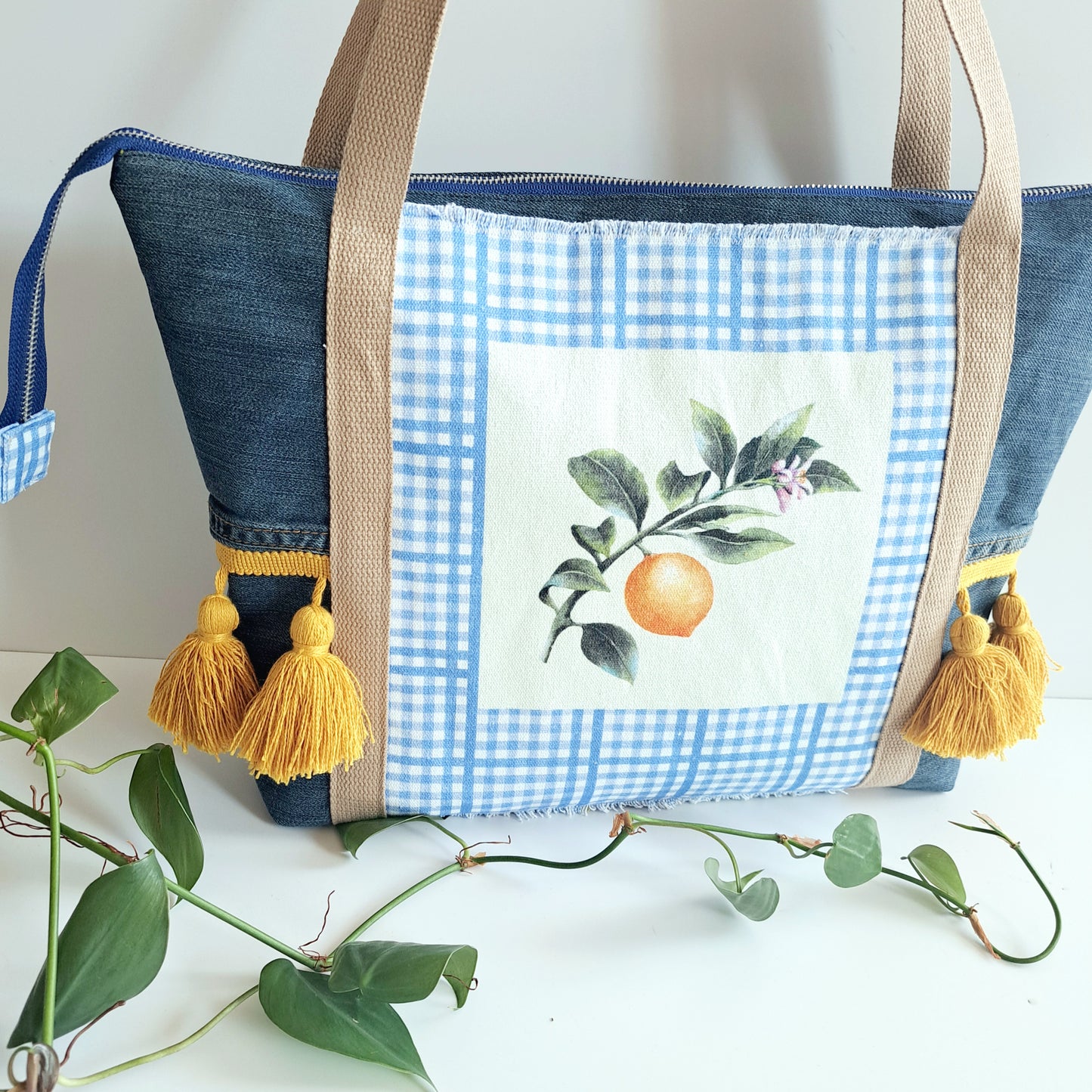 Tuscan tote bag with upcycled denim