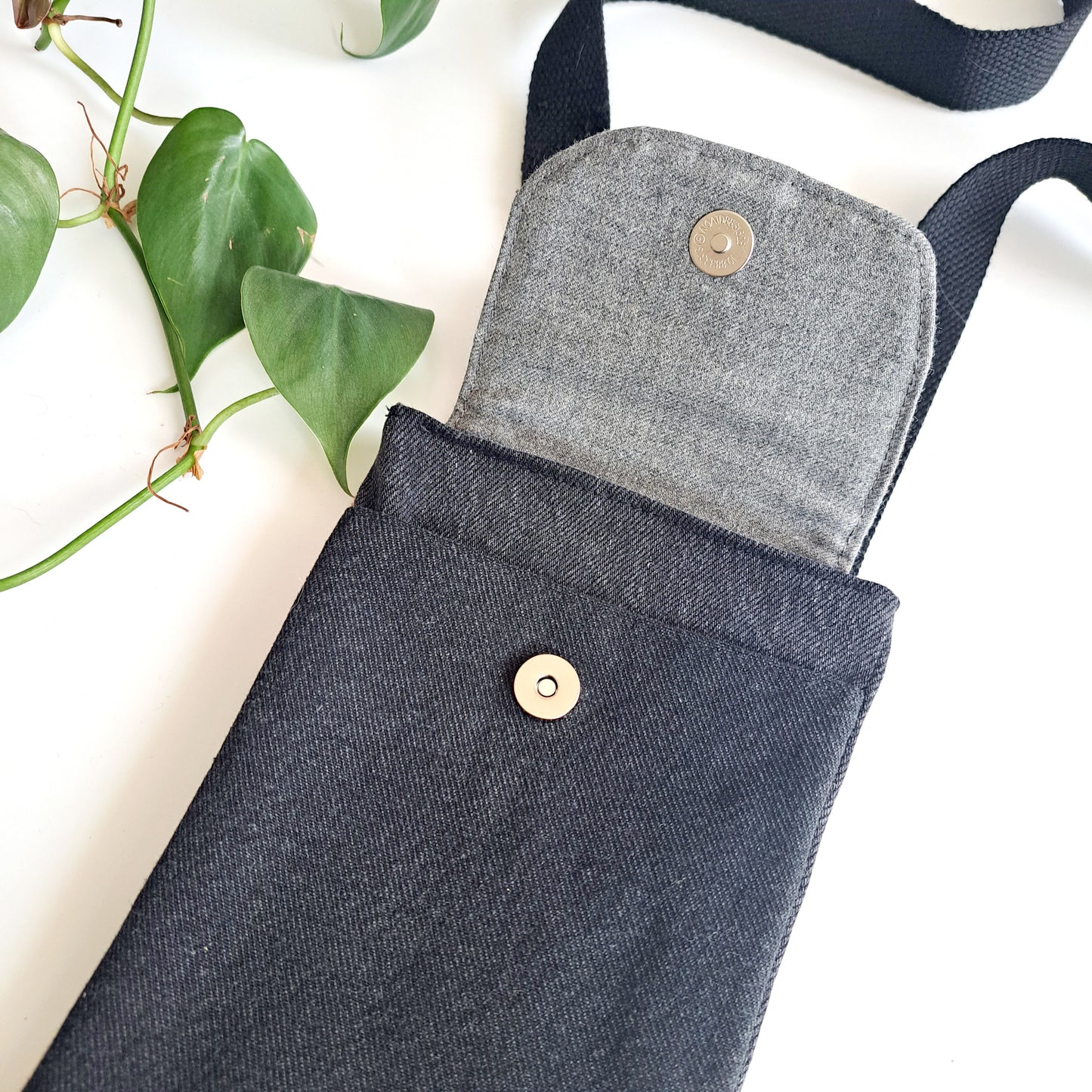 Upcycled denim remnant phone bag - Black denim and leopard print