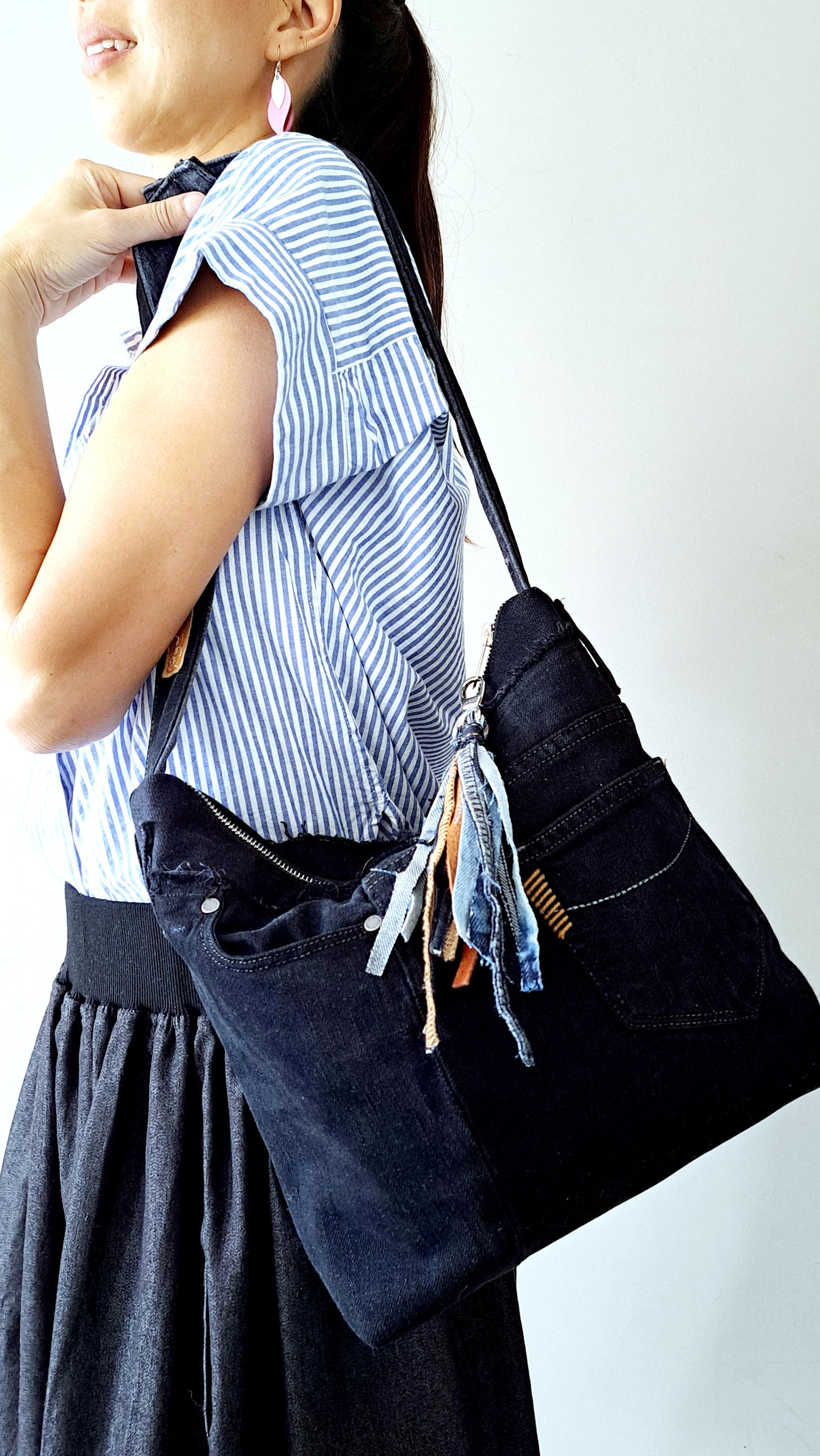 Conscious Carry-all with dark indigo denim and upcycled tassle