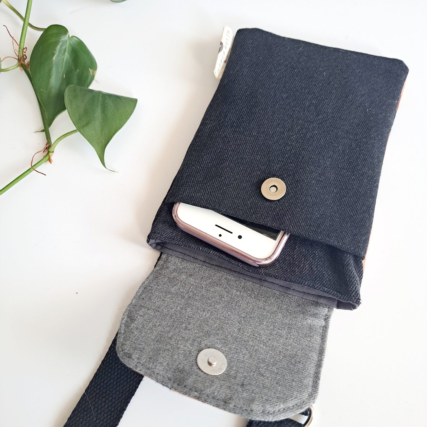 Upcycled denim remnant phone bag - Black denim and leopard print