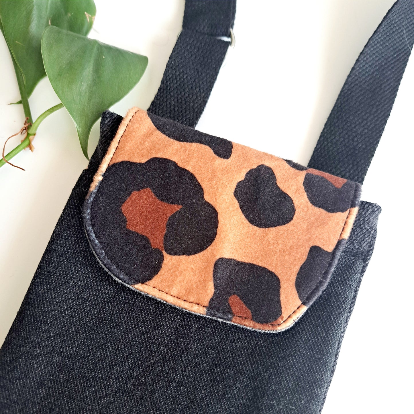 Upcycled denim remnant phone bag - Black denim and leopard print