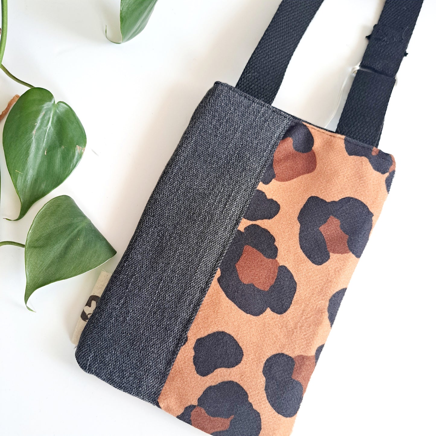 Upcycled denim remnant phone bag - Leopard print and black denim