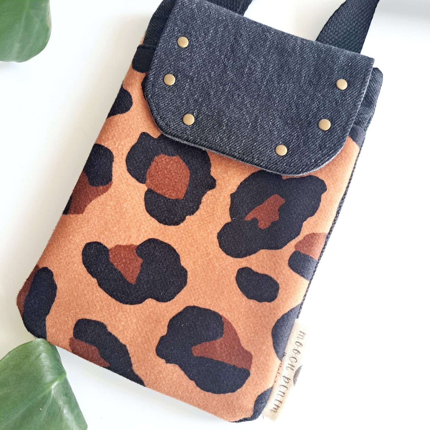 Upcycled denim remnant phone bag - Leopard print and black denim