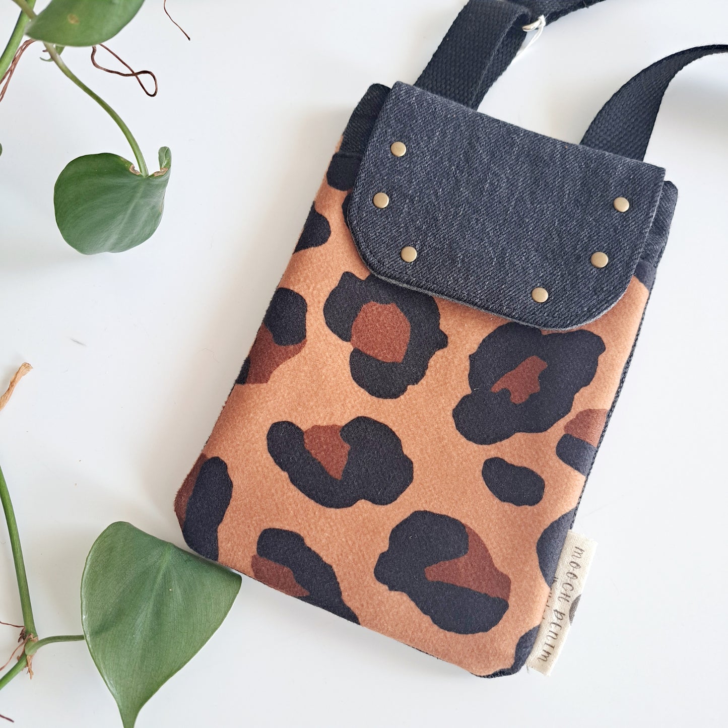 Upcycled denim remnant phone bag - Leopard print and black denim