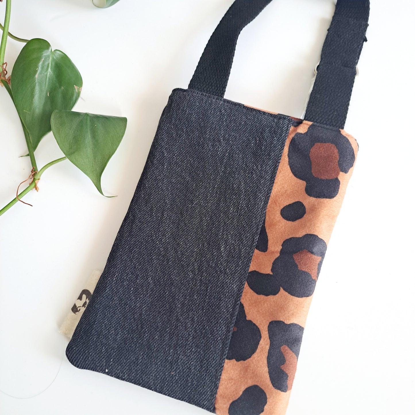 Upcycled denim remnant phone bag - Black denim and leopard print