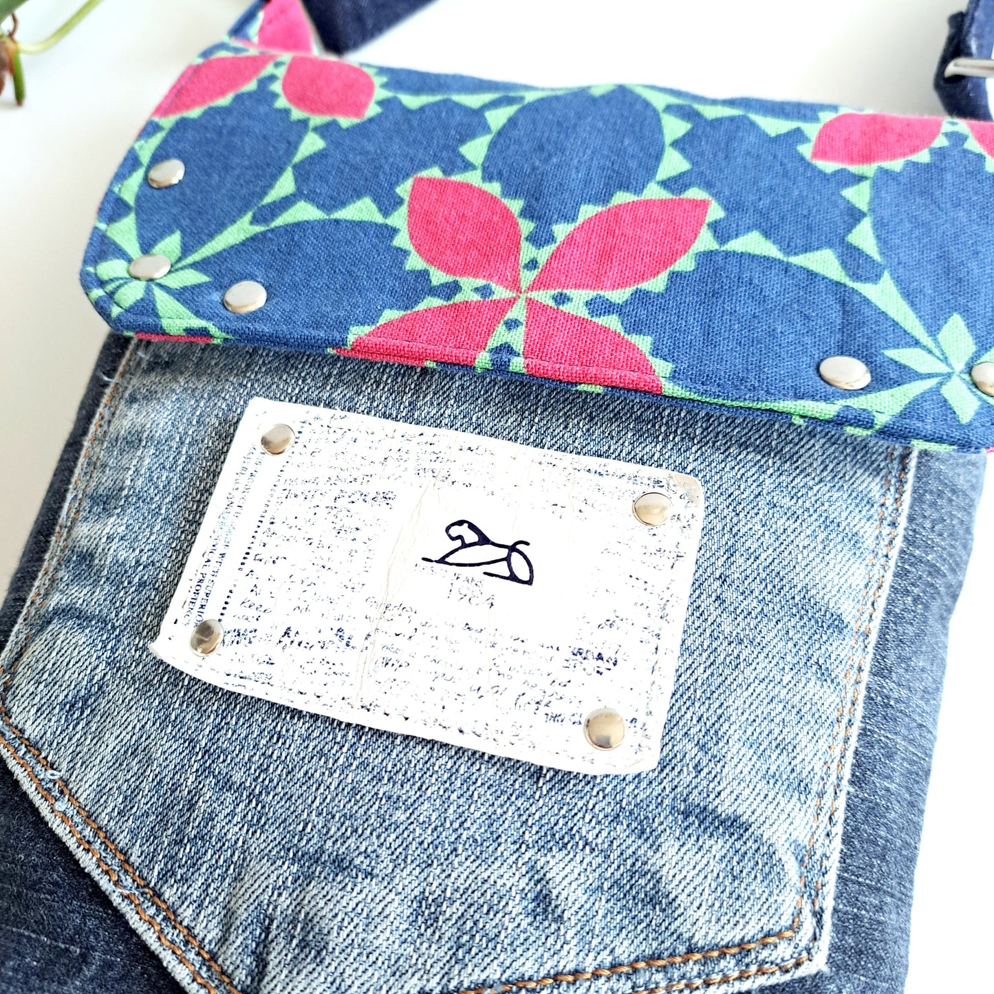 Small Sunshine Satchel with upcycled denim - Tropical