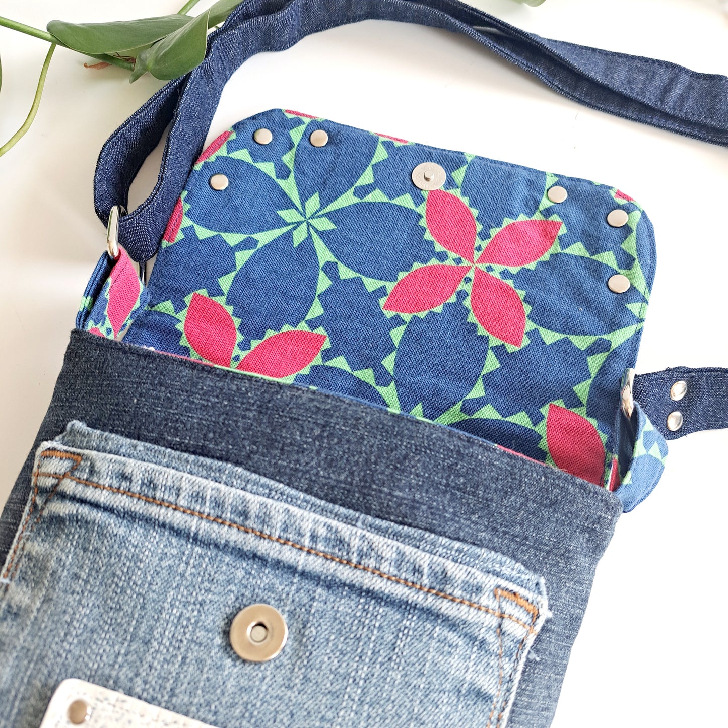 Small Sunshine Satchel with upcycled denim - Tropical